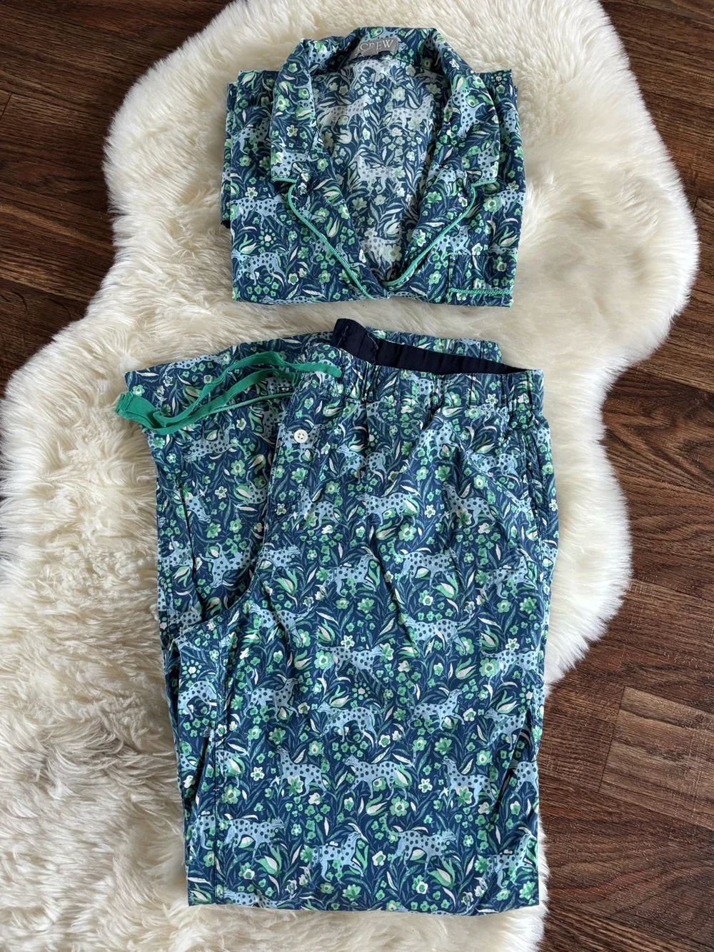 J.Crew Fauna Floral Blue Spotted Leopard Cotton Poplin Pajama Set Medium